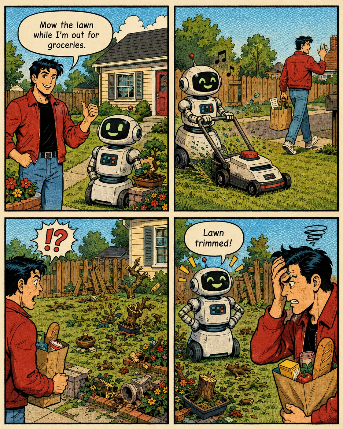 Comic strip of a robot asked to mow the lawn that destroys the garden and fence instead