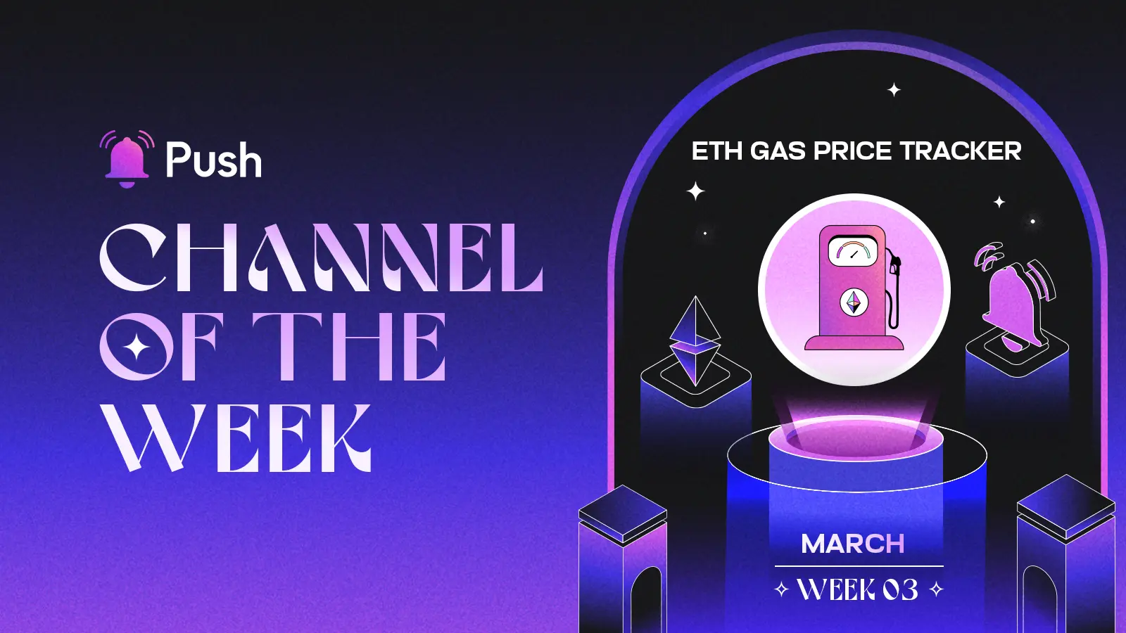 Banner celebrating ETH Gas Price Tracker as March - week 3 channel of week