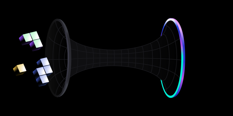 Illustration showing different tetris blocks entering a wormhole and Push Chain logo emerging from the other end.